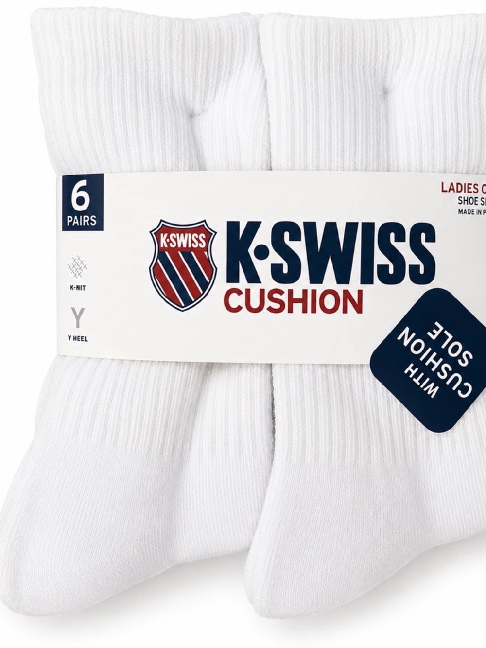K-Swiss Cushion Ladies Crew Socks White 6-Pairs (shoe 4-10) NWT